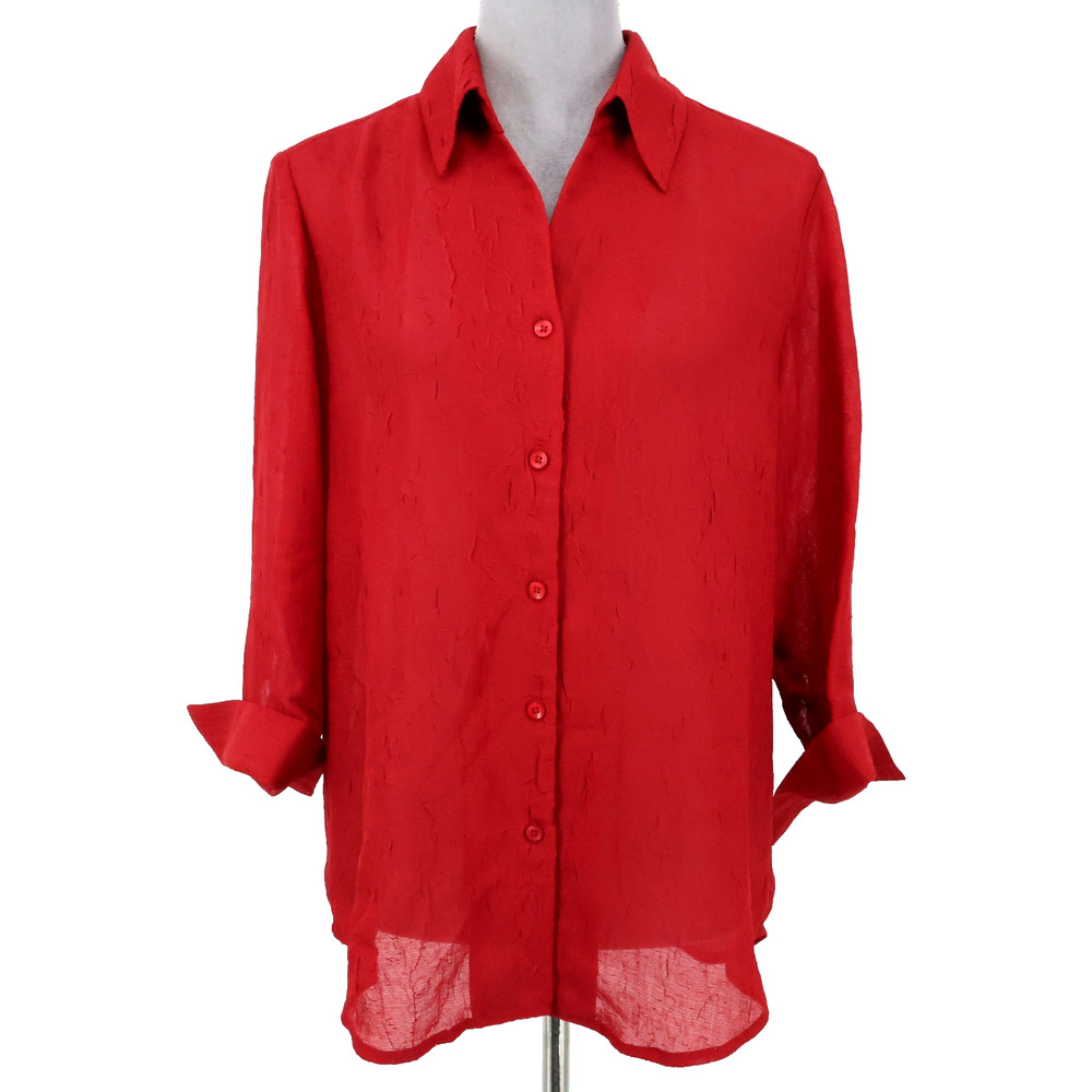 Coldwater Creek Top Petites PM MP Red Crinkle Chiffon Blouse Cuffed Sleeves